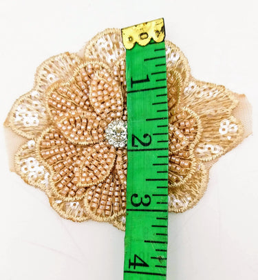 Brown Hand Embroidered Floral Applique With Beads, Crochet Cut Dana Applique, Beaded Flower Motifs